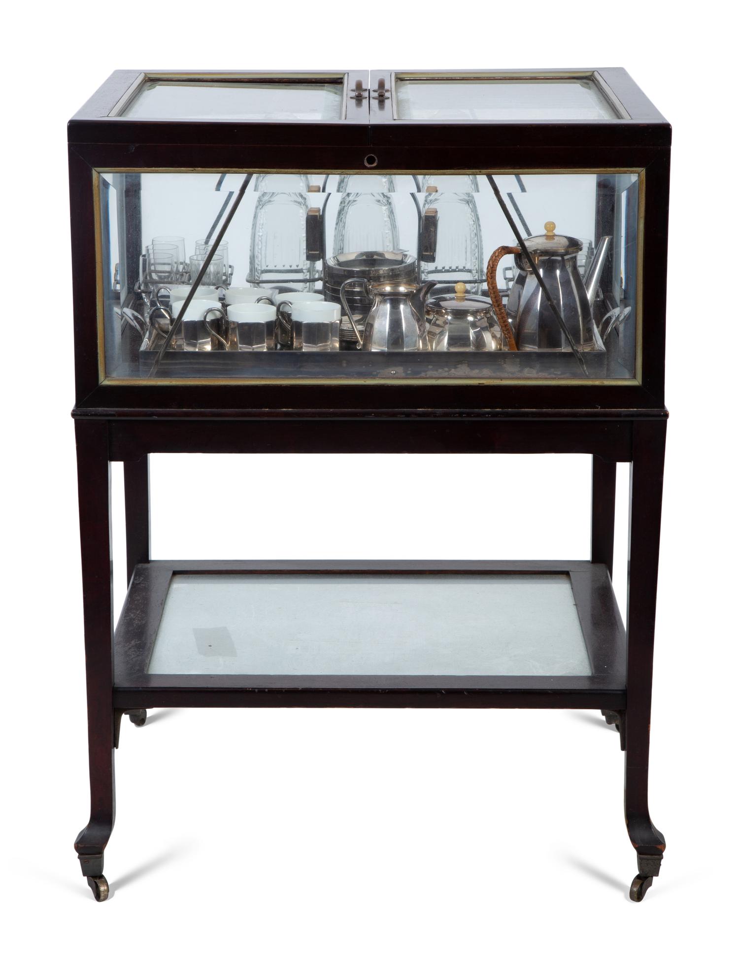 A Regency Revival Fruitwood, Silvered Metal and Glazed Pop-Up Bar Cart — 20TH CENTURY