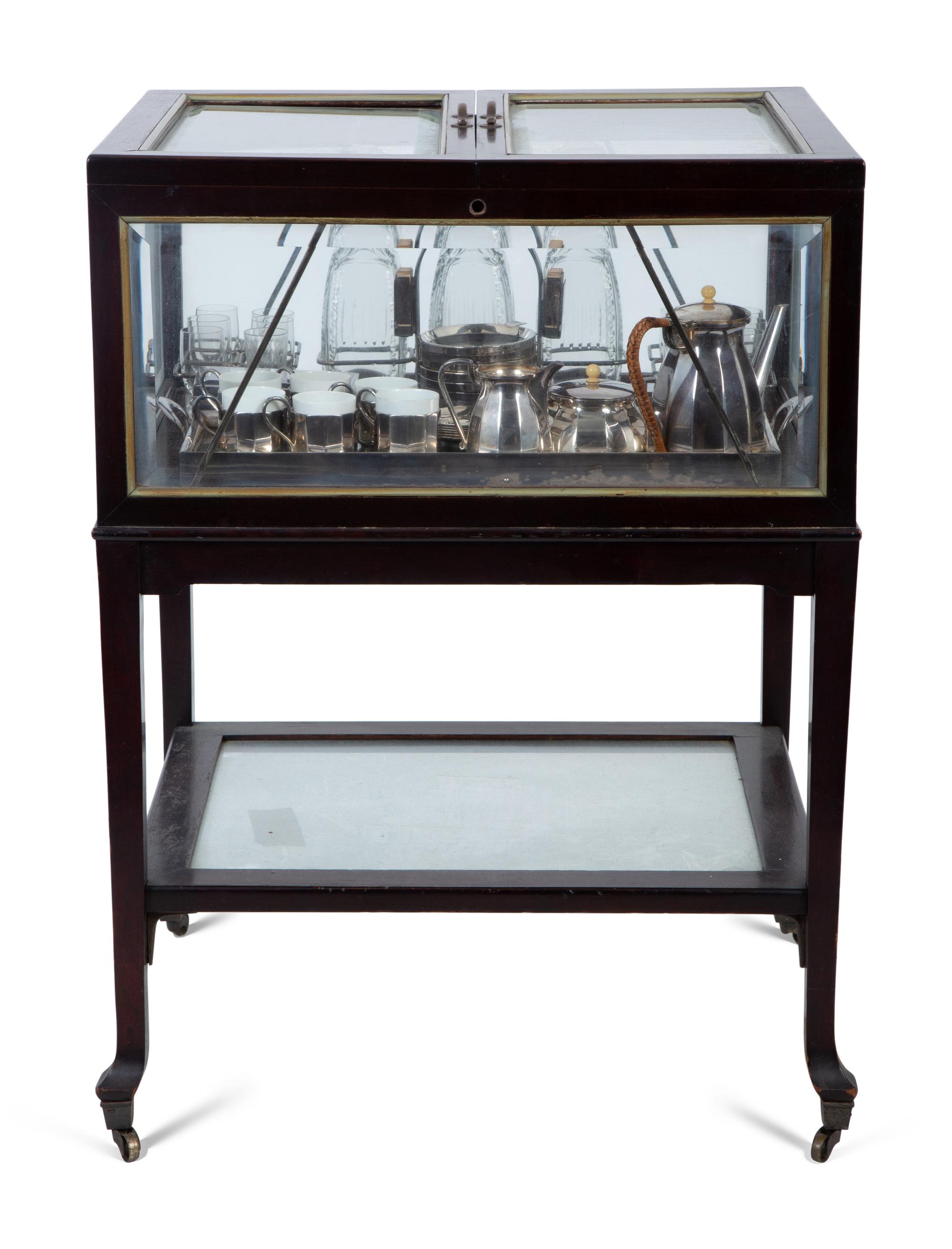 A Regency Revival Fruitwood, Silvered Metal and Glazed Pop-Up Bar Cart — 20TH CENTURY