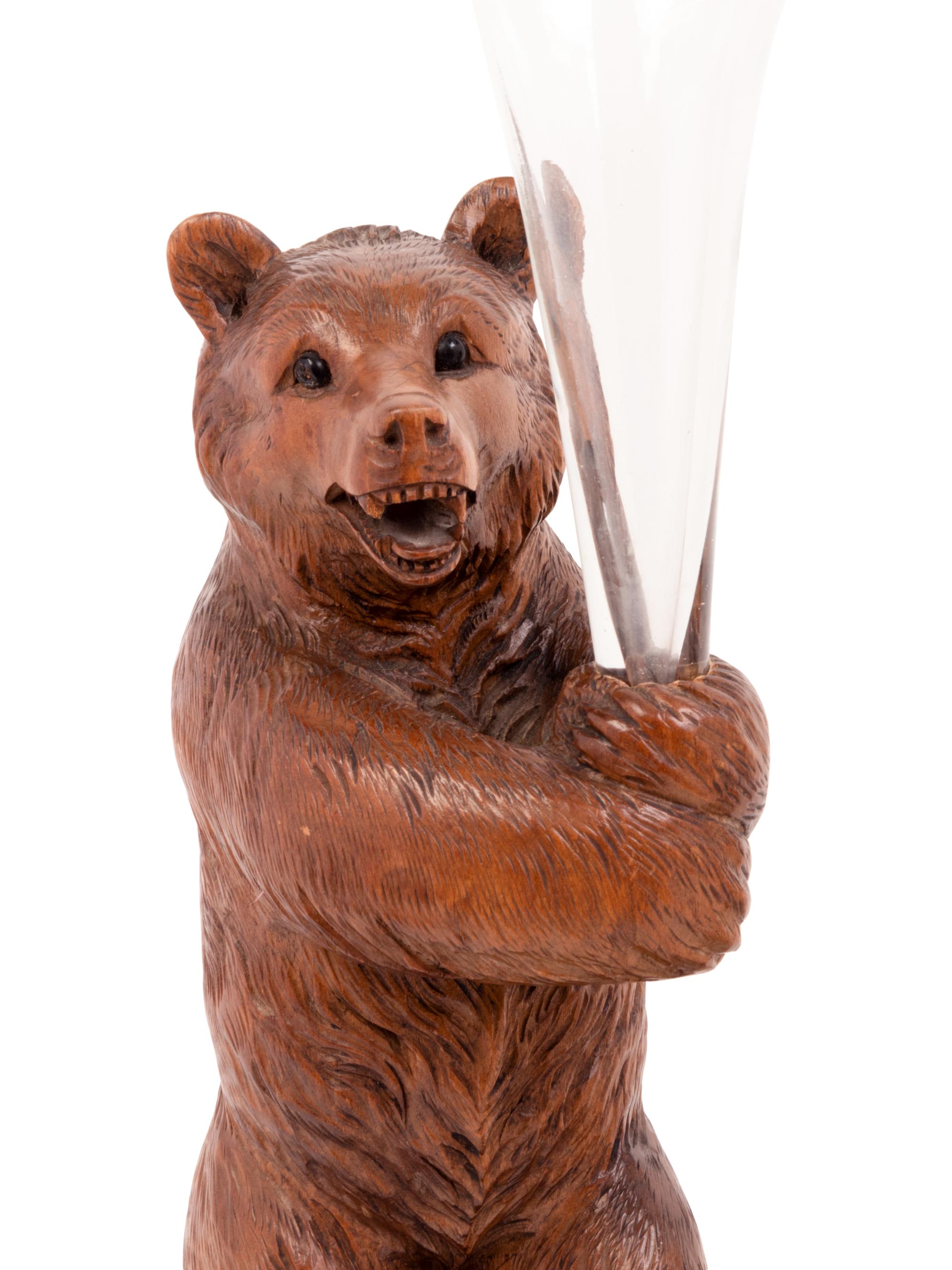 A Pair of Black Forest Style Carved Wood Bear-Form Trumpet Vases