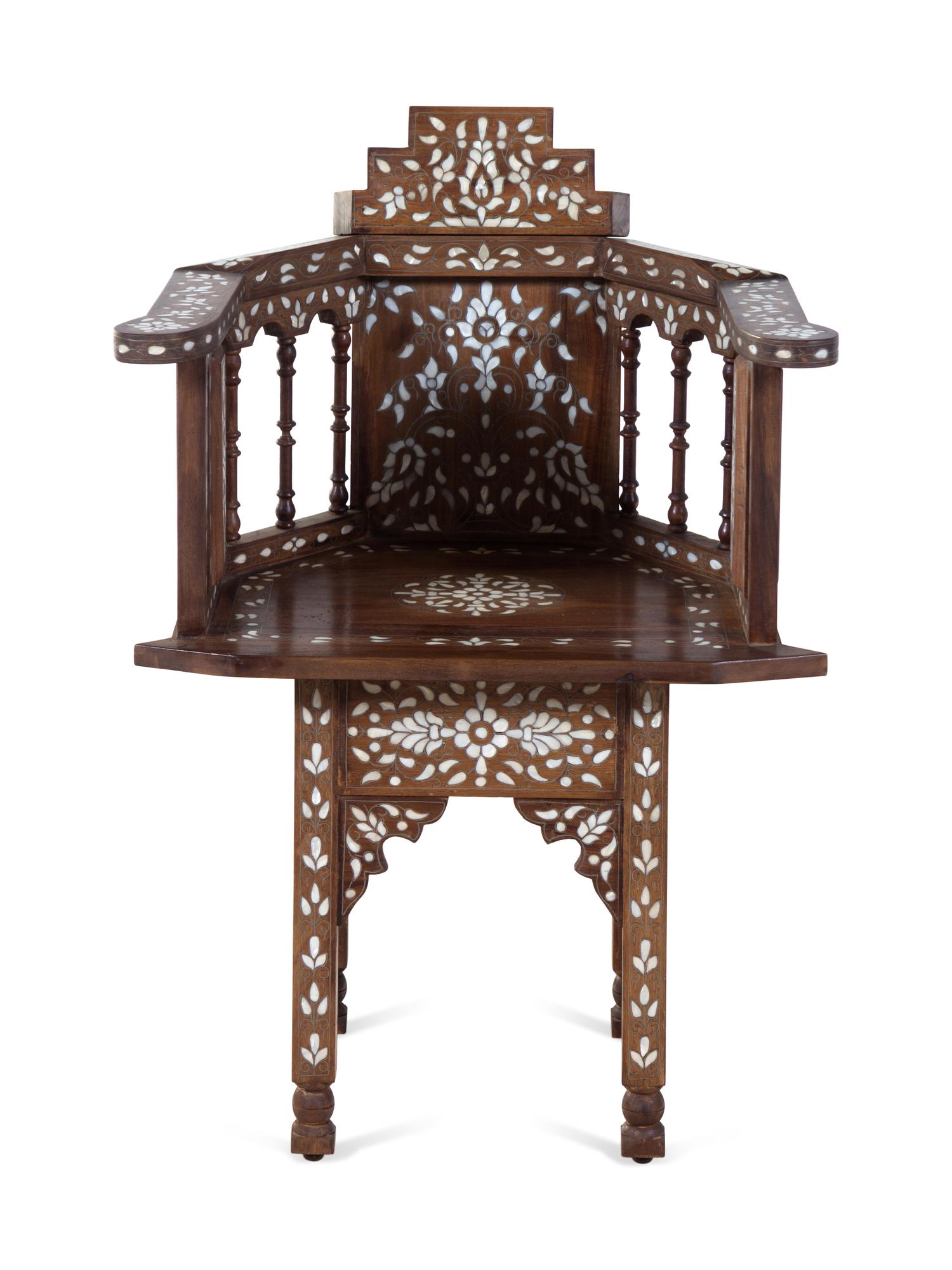 A Syrian Mother-of-Pearl and Metal Inlaid Walnut Armchair