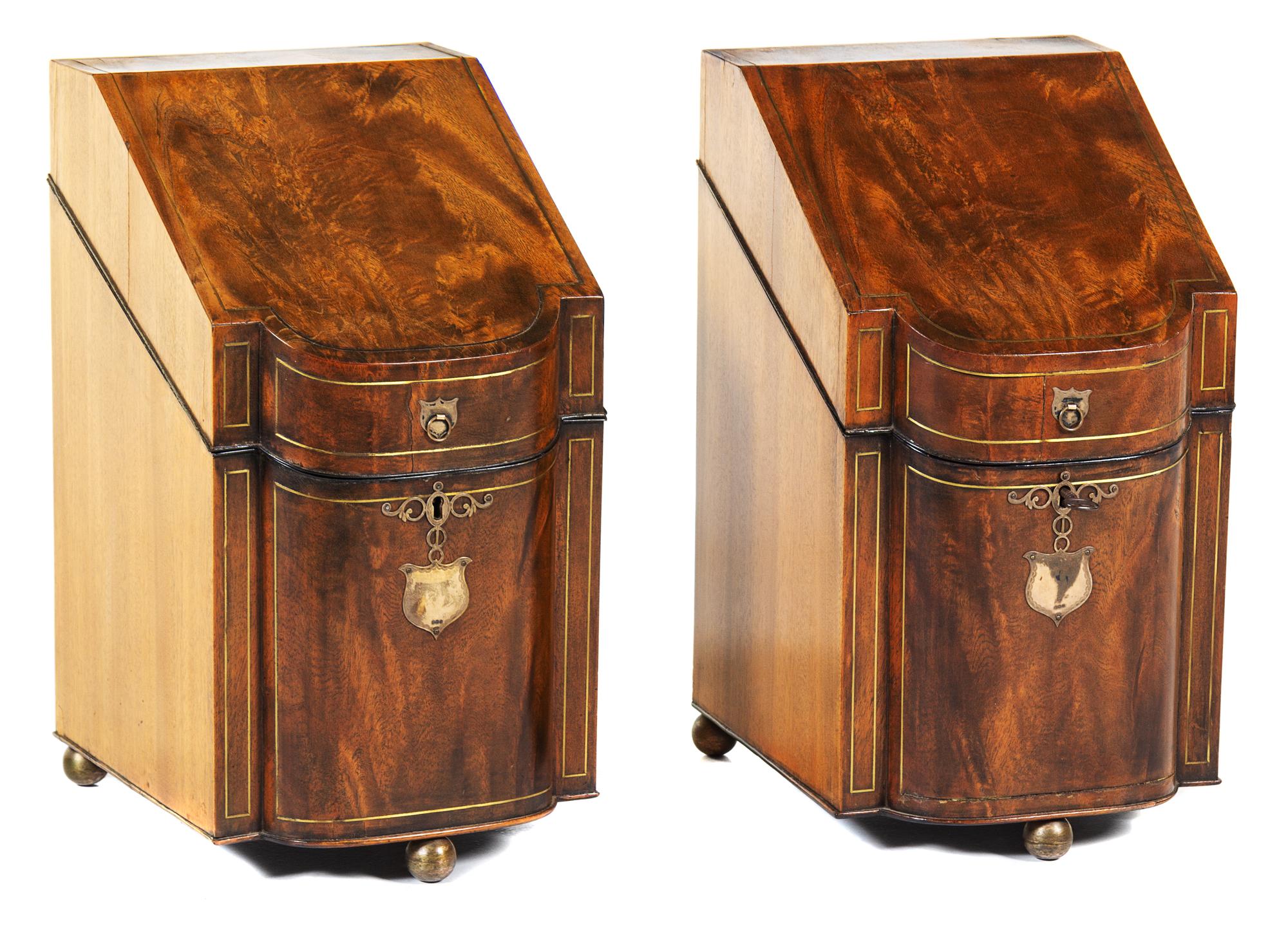 A Pair of George III Brass Inlaid Mahogany Knife Boxes Height 16 inches. — 18TH/19TH CENTURY