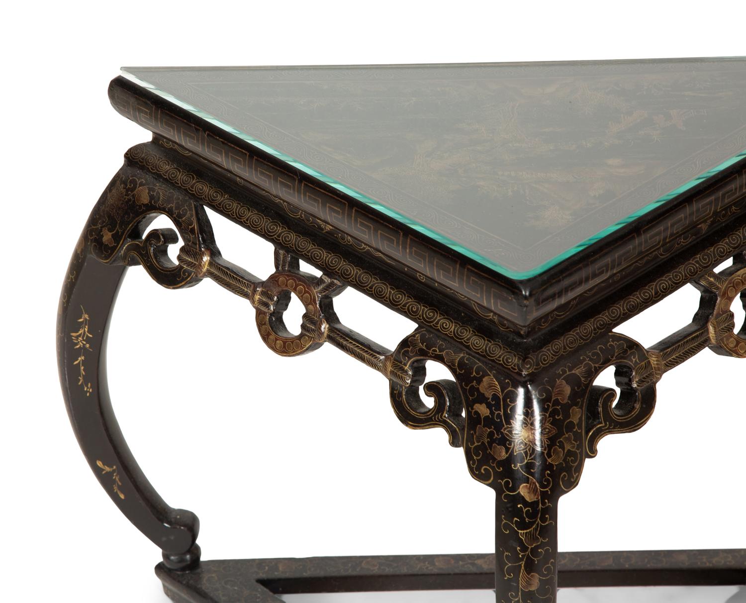 A Pair of Chinese Black and Gilt Lacquer Corner Tables