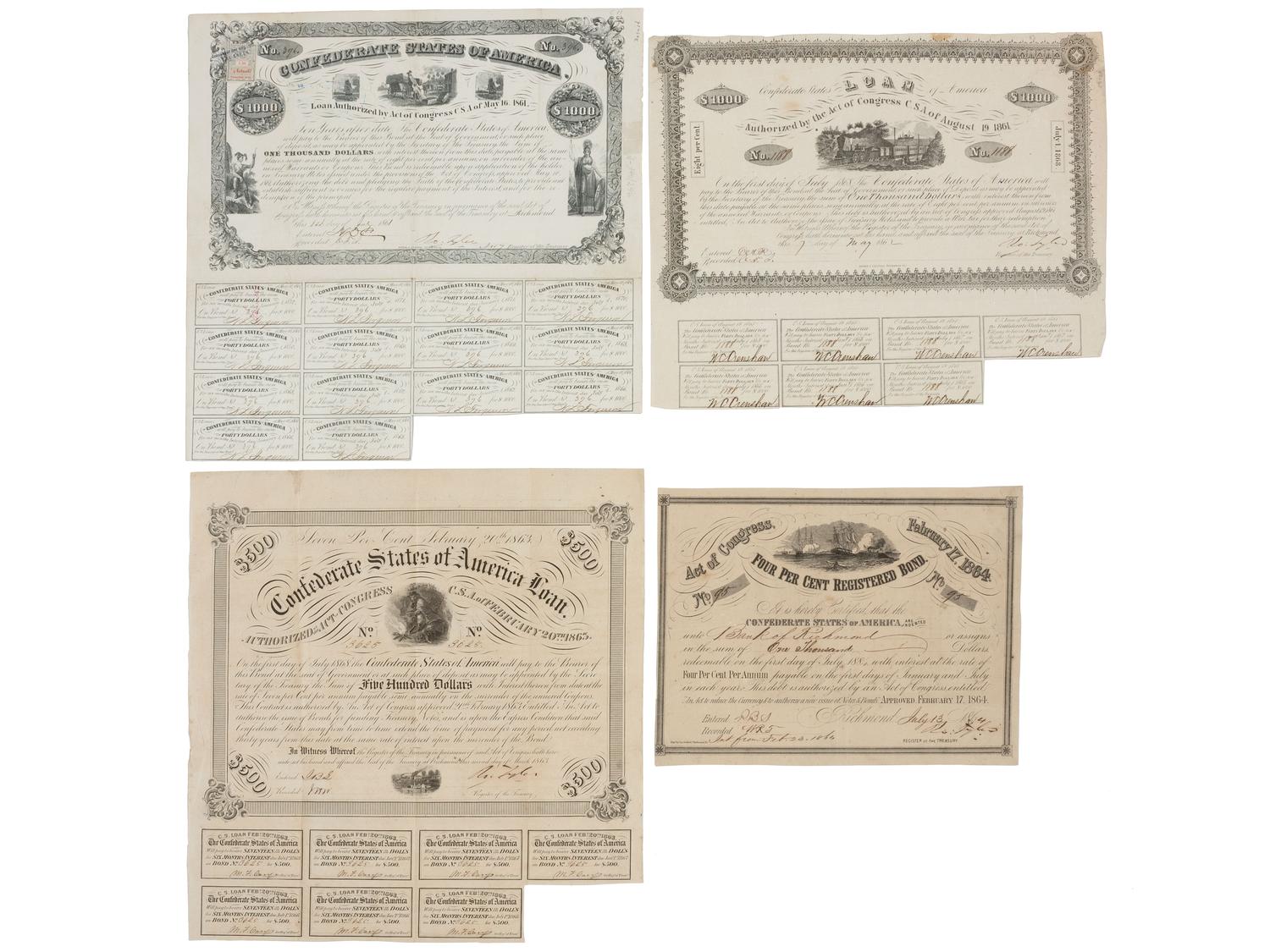 [CIVIL WAR]. 15 sheets of Confederate bonds. [ With: ] Vicksburg Daily Citizen souvenir printing.