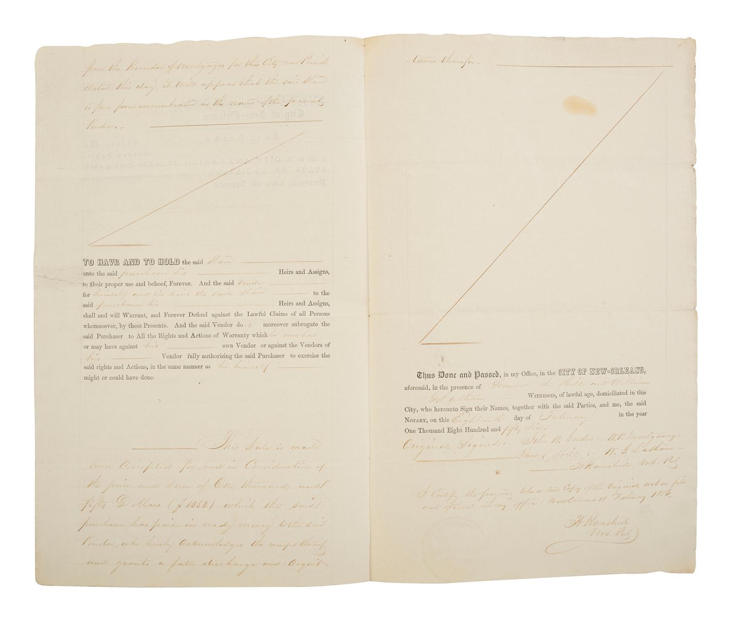 [ENSLAVEMENT & ABOLITION]. Partly printed document recording the sale of a named enslaved female subject from Georgia to William P. Montgomery of Mississippi. New Orleans, LA, 18 February 1856.