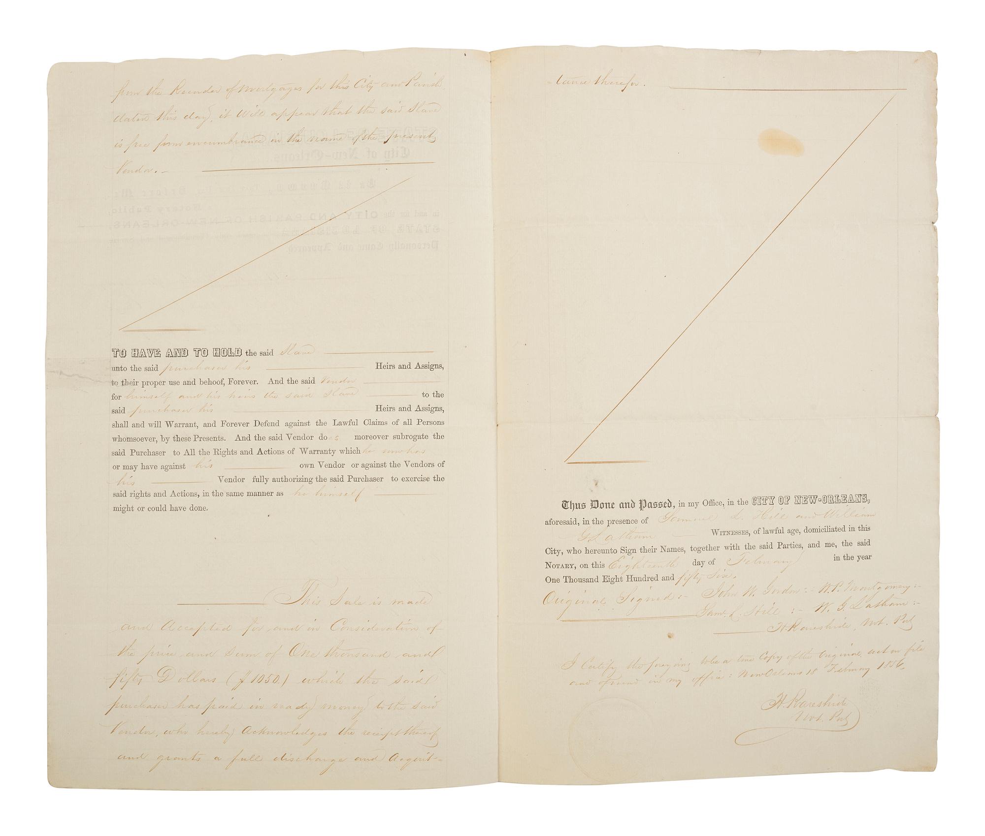 [ENSLAVEMENT & ABOLITION]. Partly printed document recording the sale of a named enslaved female subject from Georgia to William P. Montgomery of Mississippi. New Orleans, LA, 18 February 1856.