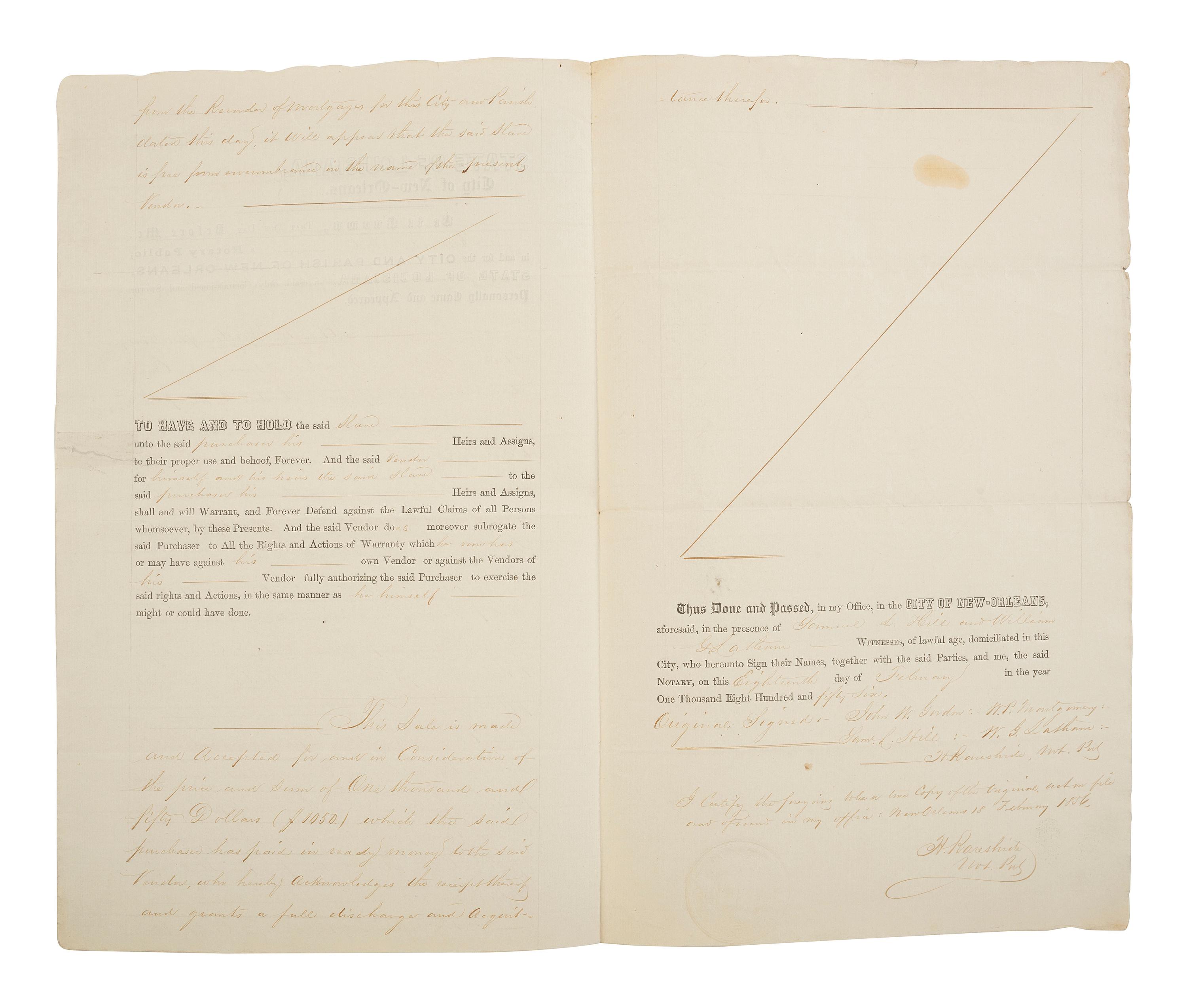 [ENSLAVEMENT & ABOLITION]. Partly printed document recording the sale of a named enslaved female subject from Georgia to William P. Montgomery of Mississippi. New Orleans, LA, 18 February 1856.