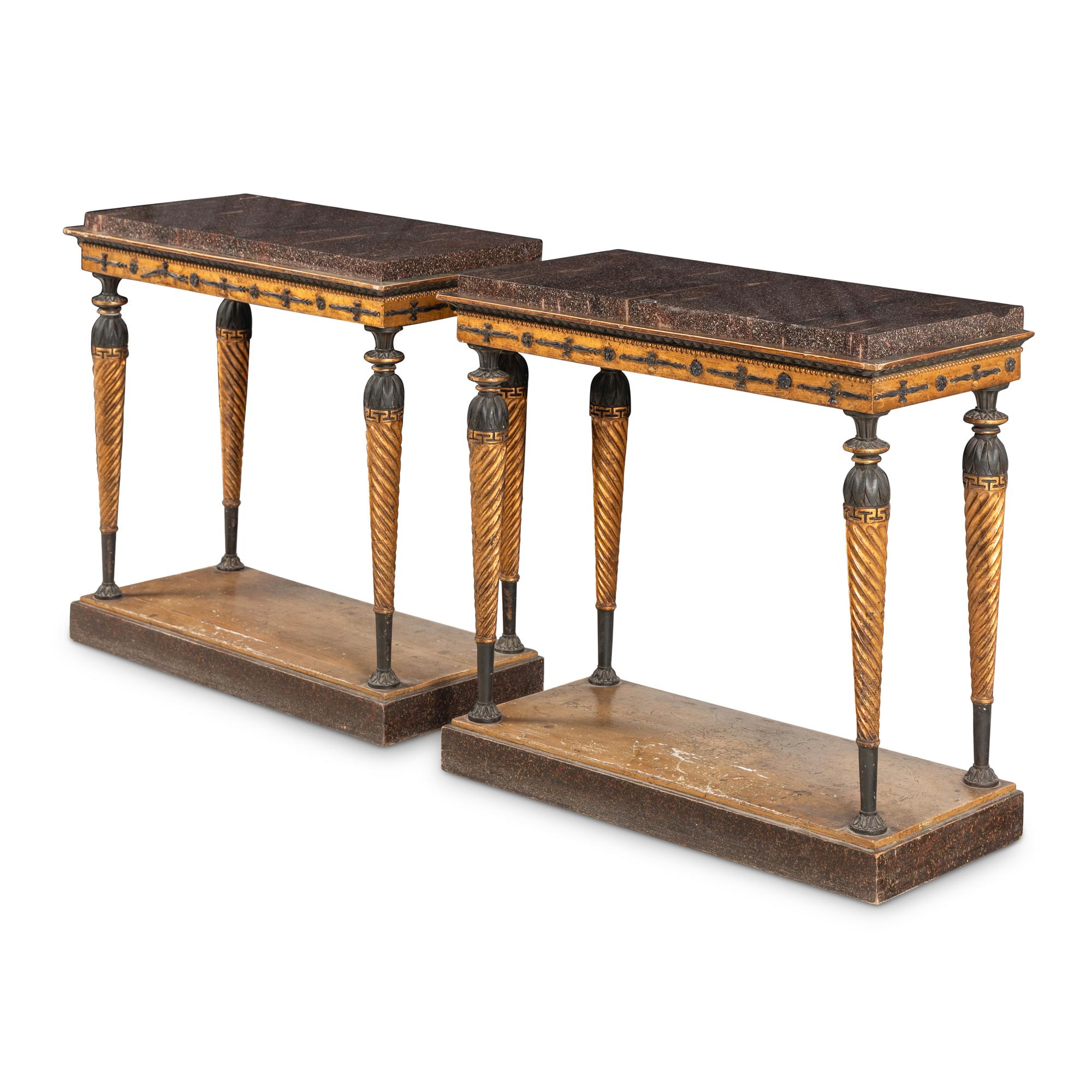 A Pair of Swedish Painted and Parcel-Gilt Porphyry-Top Console Tables