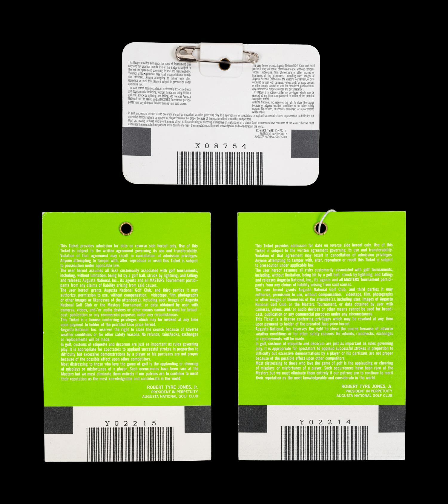 A Group of Tiger Woods 1997 Masters Golf Tournament Augusta National Items from Woods' First Victory (Including Badges),