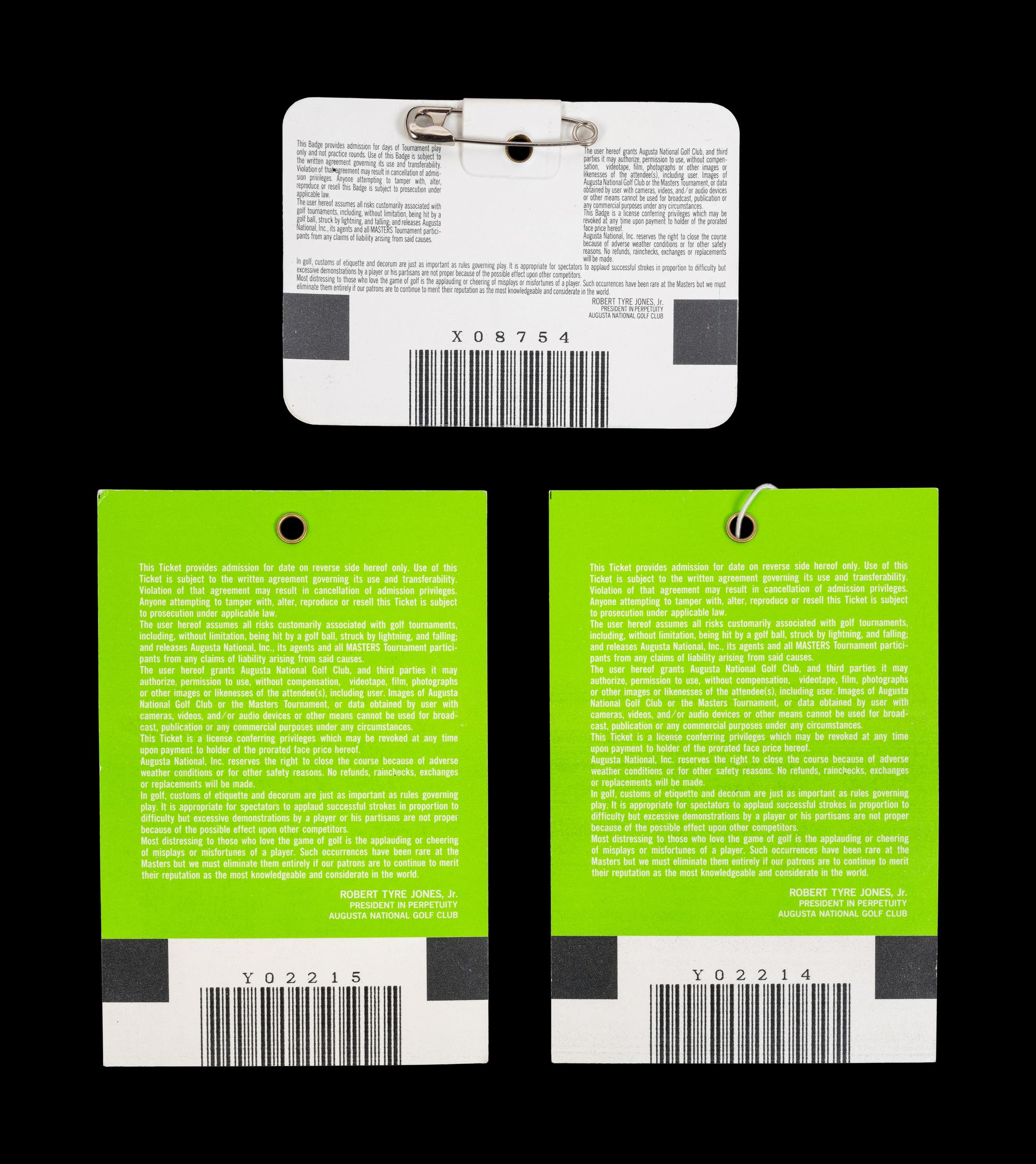A Group of Tiger Woods 1997 Masters Golf Tournament Augusta National Items from Woods' First Victory (Including Badges),