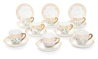 Eight Royal Copenhagen Flora Danica Small Cups and Saucers Diameter of saucer 5 inches.