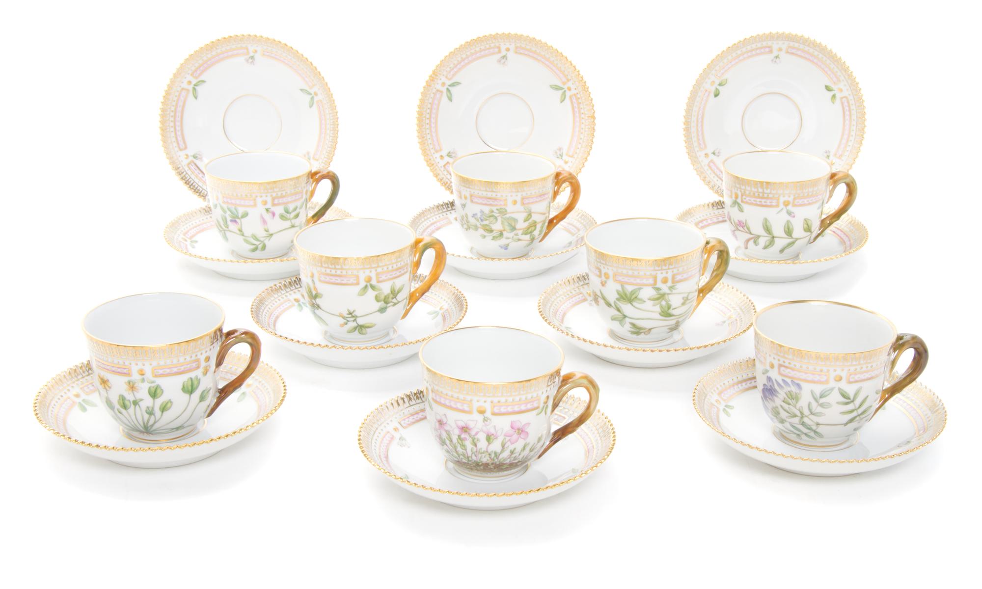 Eight Royal Copenhagen Flora Danica Small Cups and Saucers Diameter of saucer 5 inches.
