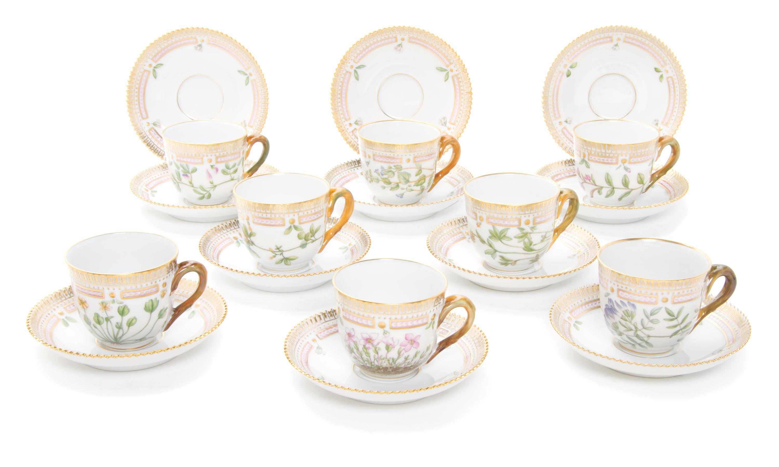 Eight Royal Copenhagen Flora Danica Small Cups and Saucers Diameter of saucer 5 inches.