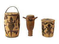 Two Woven Baskets and a Wood and Hide Drum