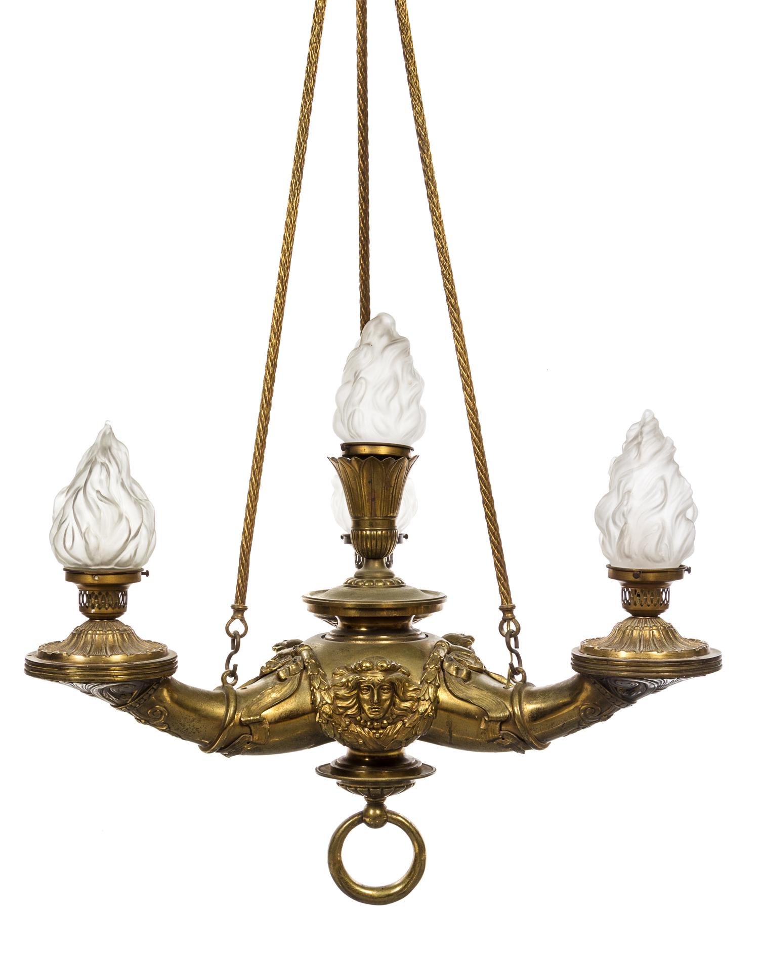 An Empire Style Gilt Bronze Four-Light Fixture Height 51 1/4 inches.