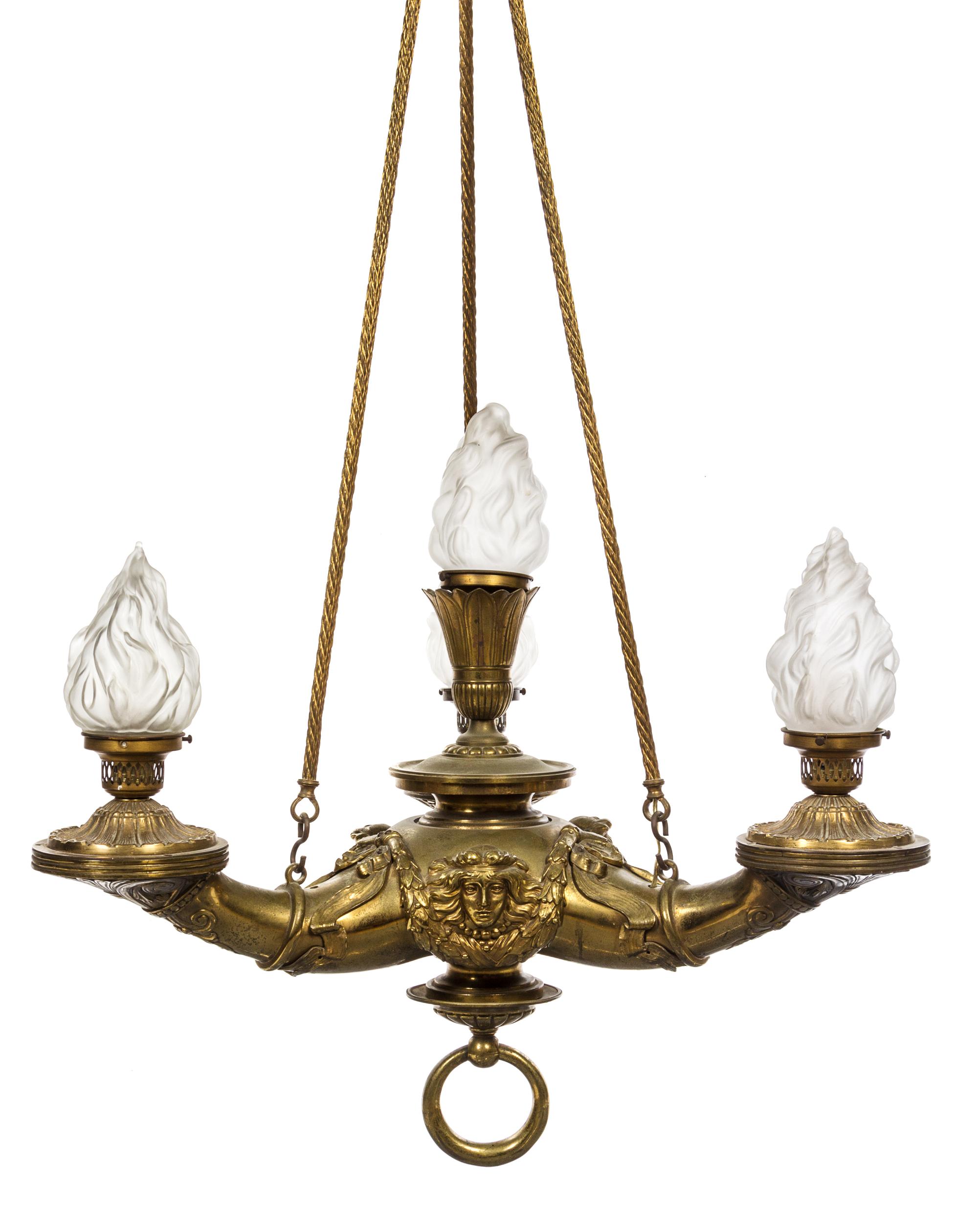 An Empire Style Gilt Bronze Four-Light Fixture Height 51 1/4 inches.