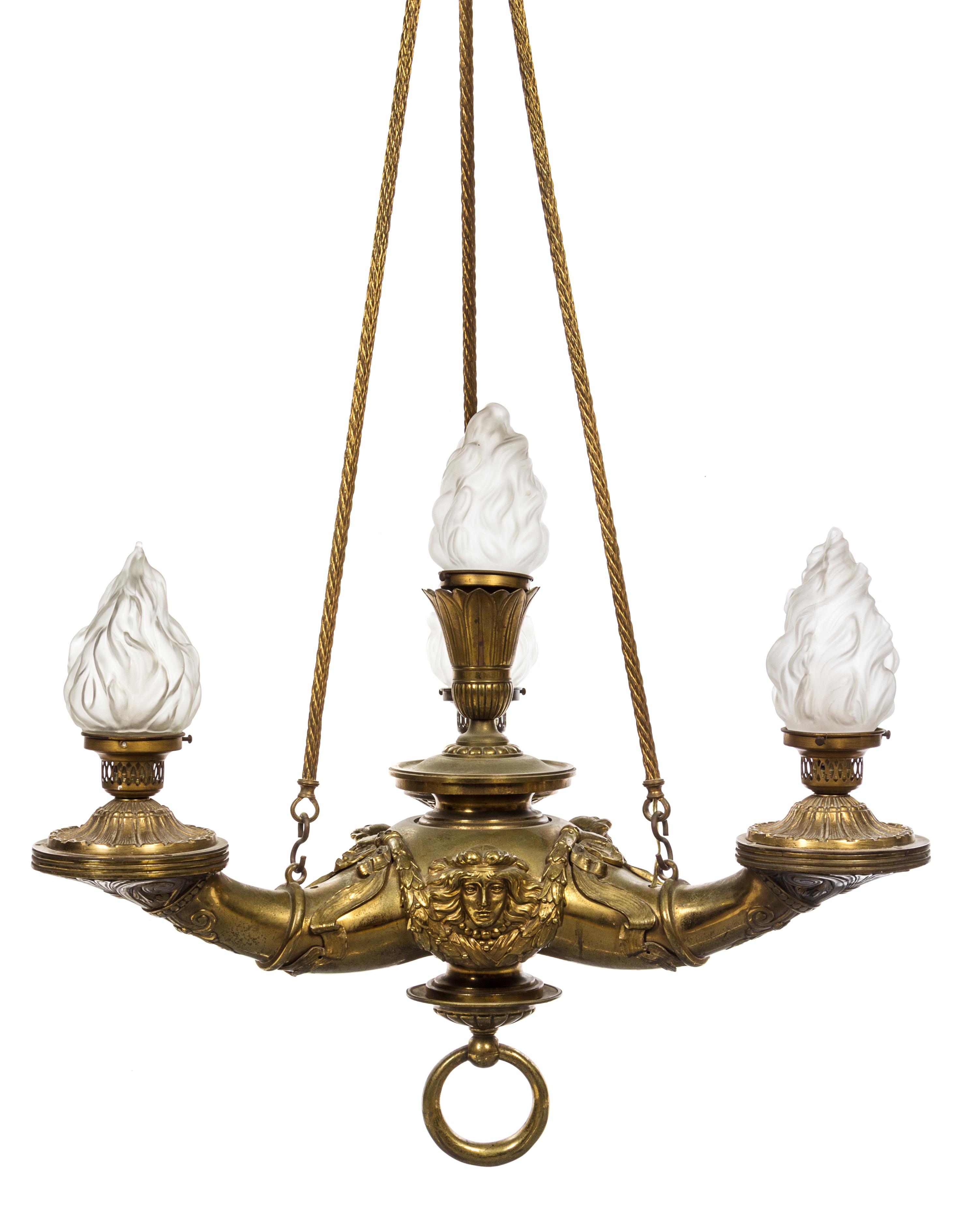 An Empire Style Gilt Bronze Four-Light Fixture Height 51 1/4 inches.