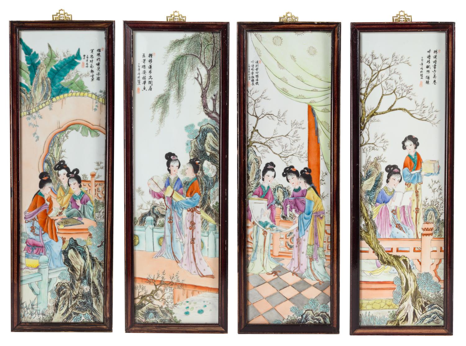 A Set of Four Polychrome Enameled Porcelain Plaques Each 30 x 8 3/4 inches.
