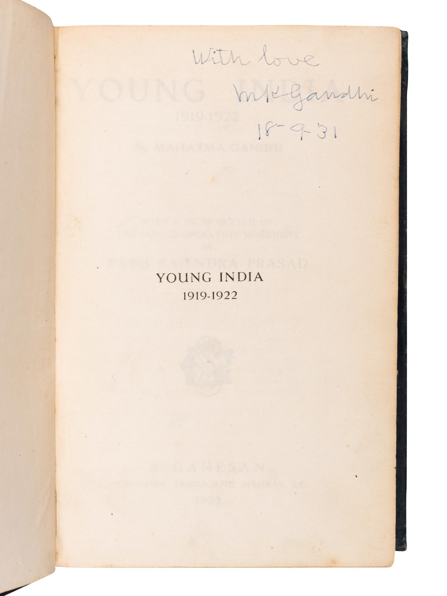 GANDHI, Mohandas K. (1869-1948). Young India, 1919-1922 . Madras: S. Ganesan, 1922.