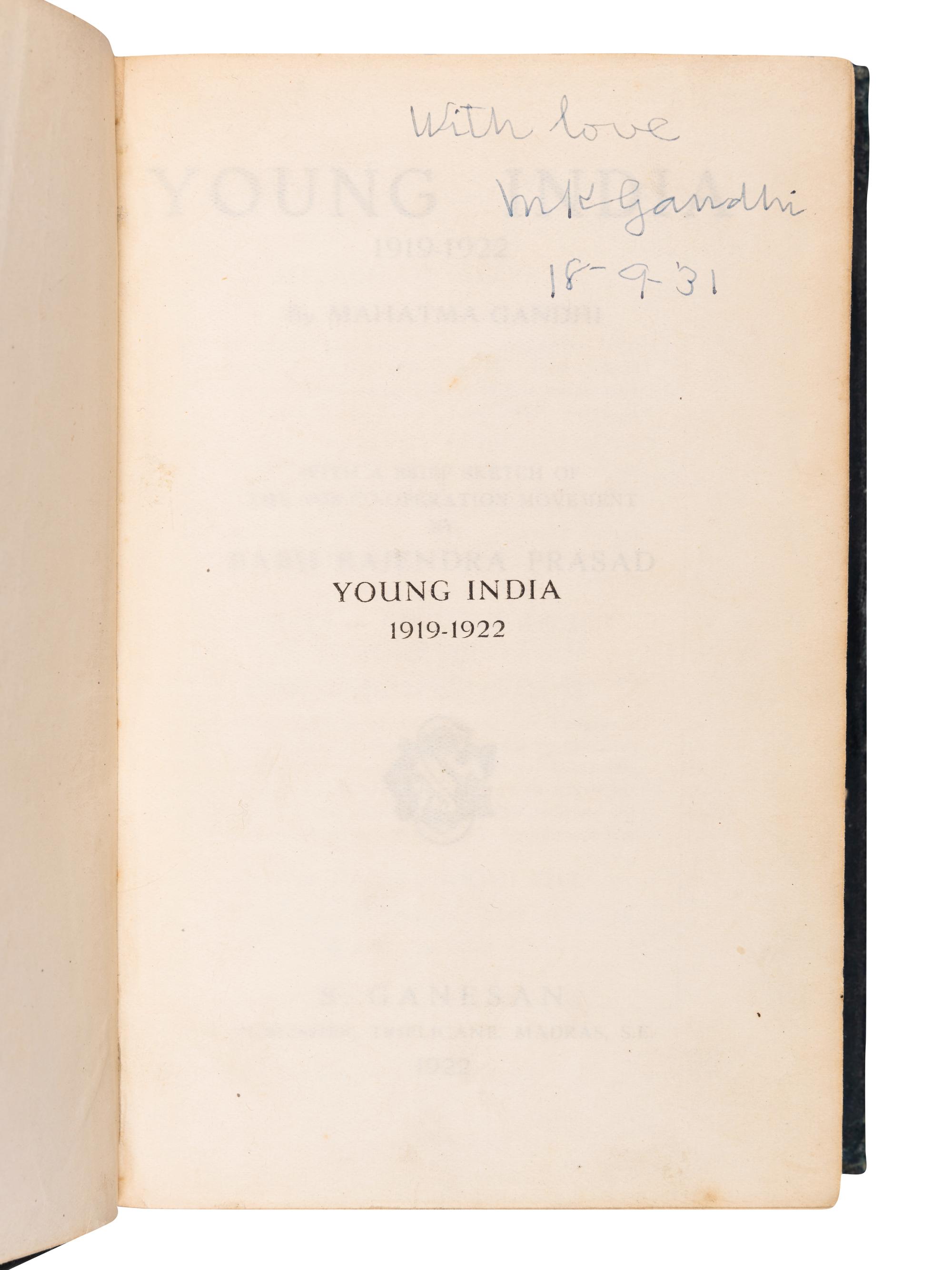 GANDHI, Mohandas K. (1869-1948). Young India, 1919-1922 . Madras: S. Ganesan, 1922.