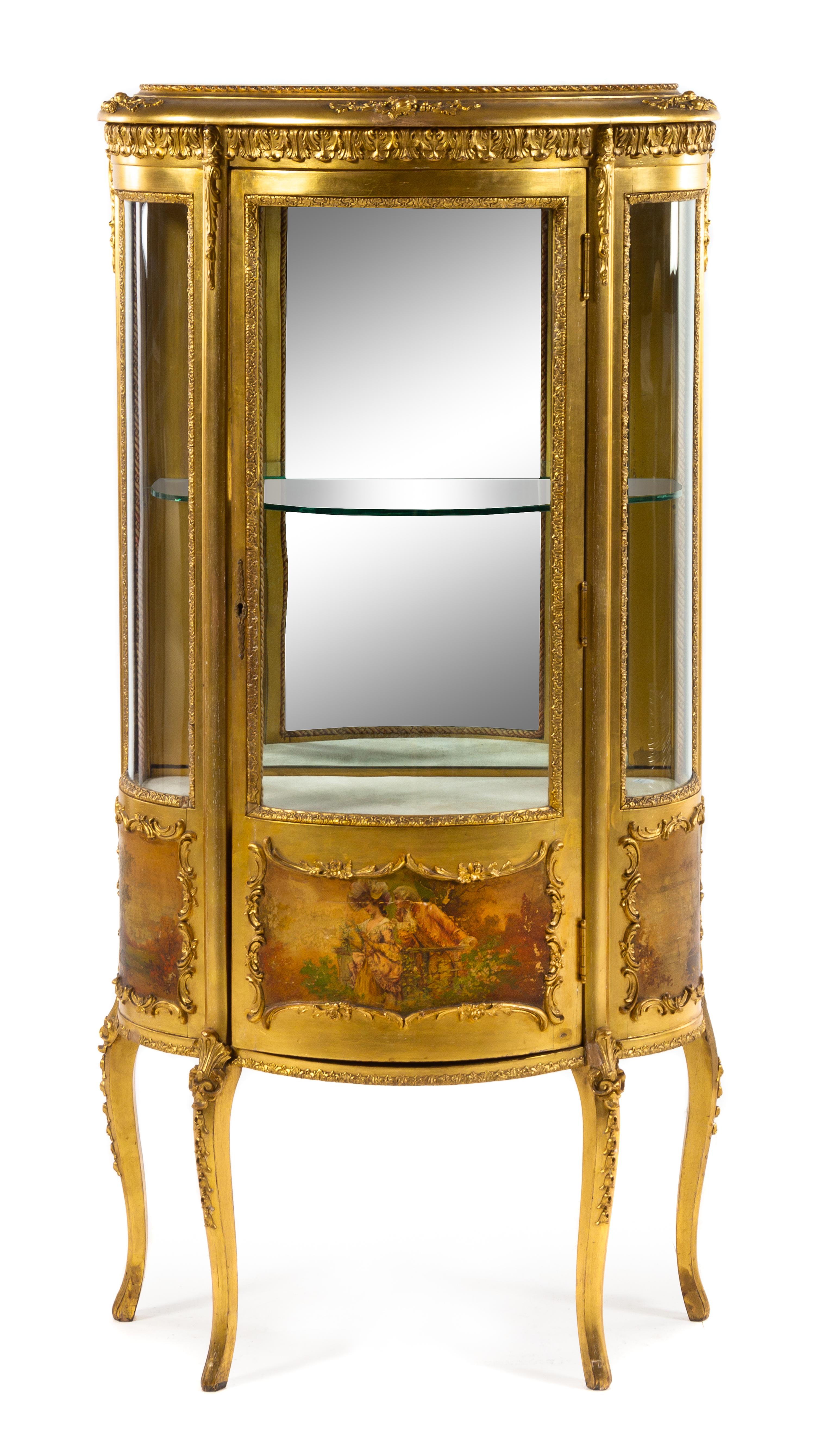 A Louis XV Style Giltwood and Vernis Martin Vitrine Cabinet Height 55 1/4 x width 26 1/4 x depth 13 1/2 inches. — EARLY 20TH CENTURY