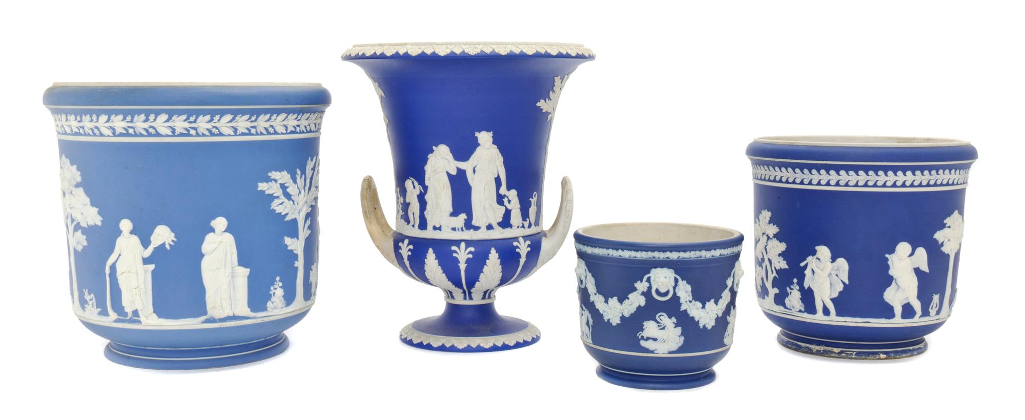 A Group of Four Jasperware Jardinieres, Height of first 10 1/4 inches.