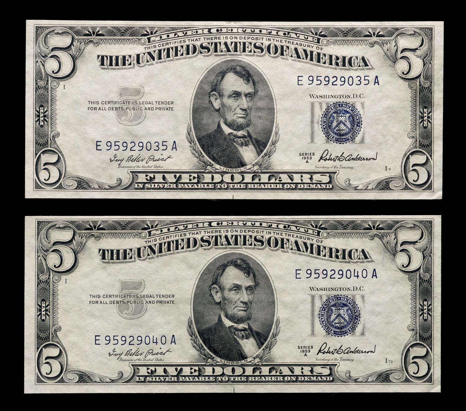 A Two United States Series 1953A $5 Silver Certificates