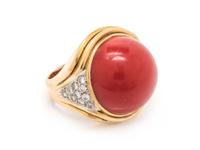 An 18 Karat Yellow Gold, Platinum, Coral and Diamond Ring, Trio,