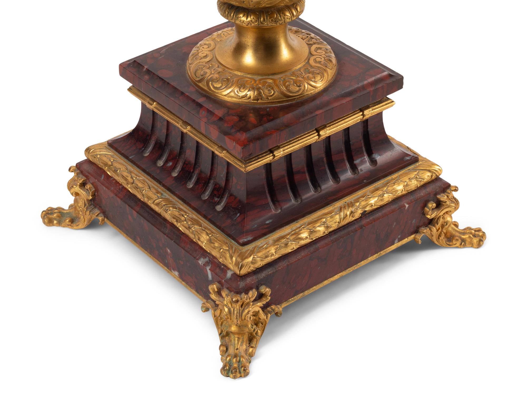 A Pair of Napoleon III Gilt Bronze and Rouge Griotte Marble Nine-Light Candelabra
