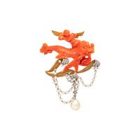 CORAL, DIAMOND AND CULTURED PEARL BROOCH