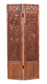 An Asian Carved Pine and Red Lacquer Two Panel Screen Each panel, height 83 x width 18 inches. — 20TH CENTURY
