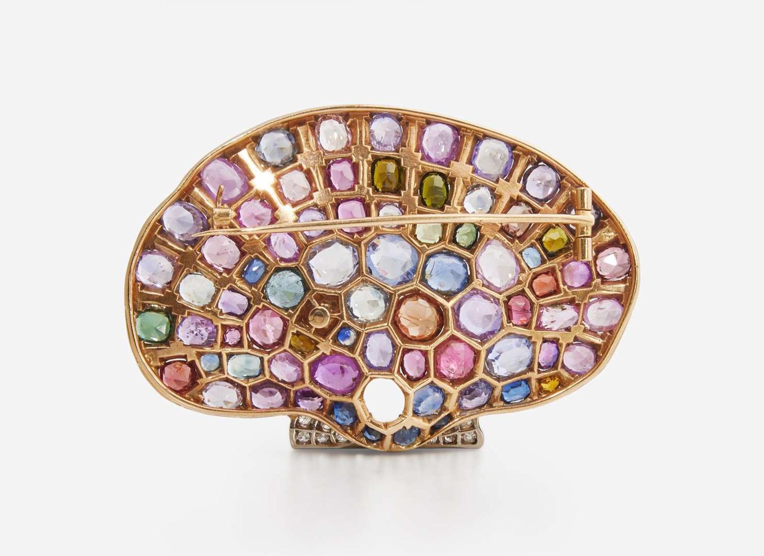 A 10K Yellow Gold and Multi-Colored Gemstone Shell Brooch