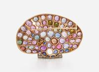 A 10K Yellow Gold and Multi-Colored Gemstone Shell Brooch
