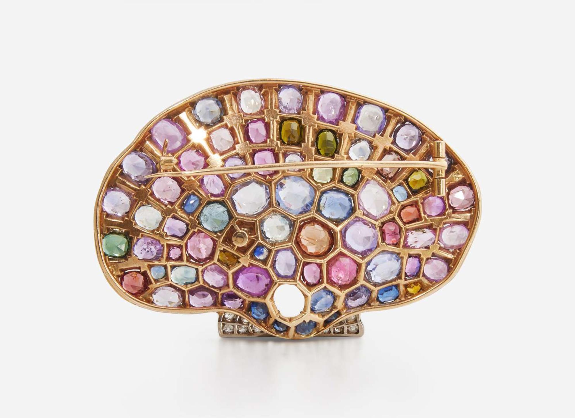 A 10K Yellow Gold and Multi-Colored Gemstone Shell Brooch