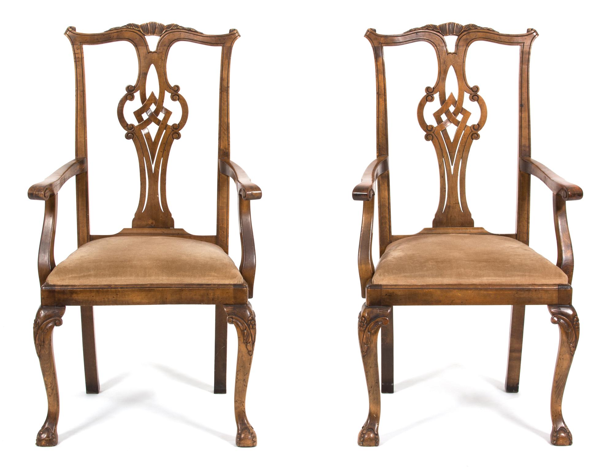 A Pair of Chippendale Style Walnut Arm Chairs Height 42 inches. — 20TH CENTURY