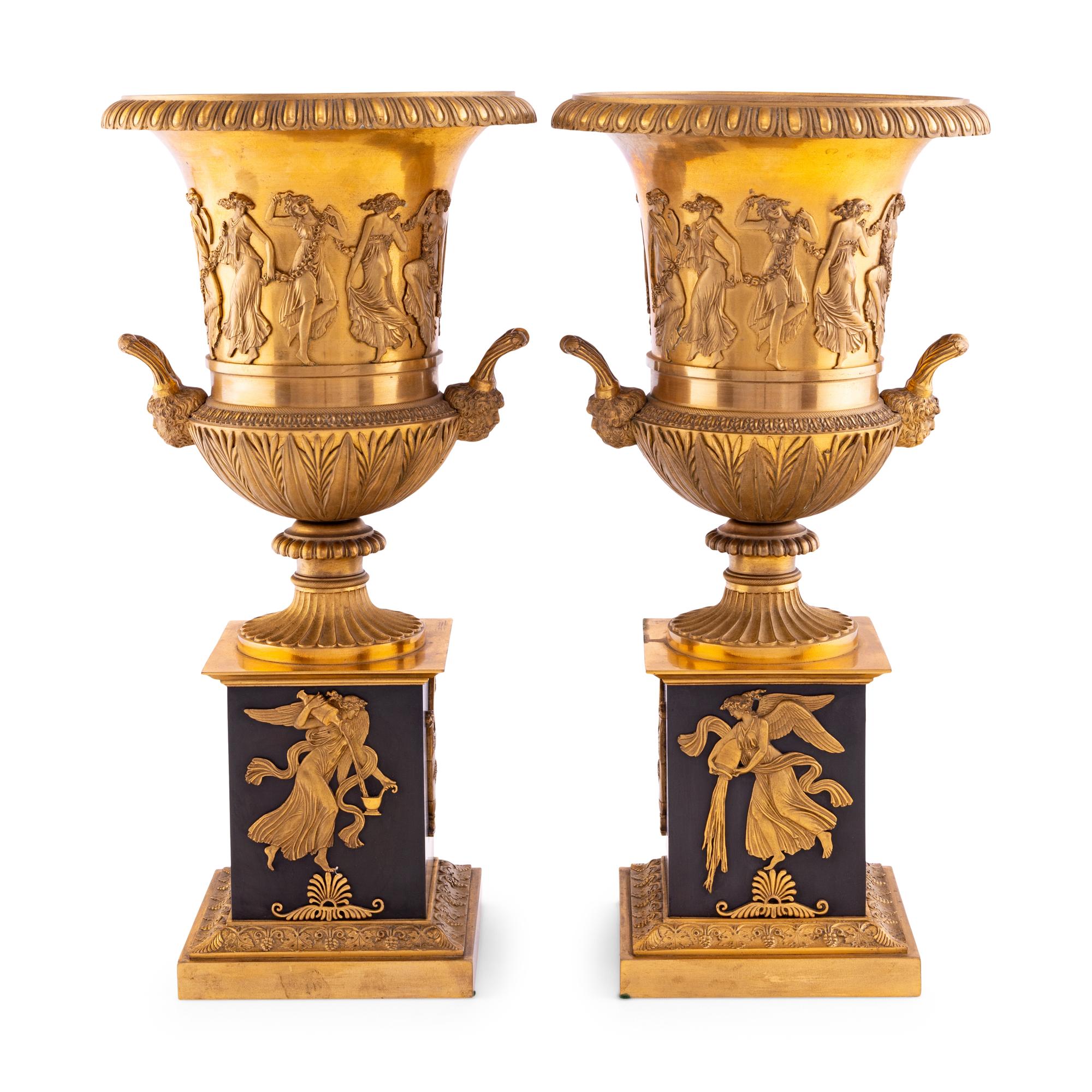 A Pair of Charles X Ormolu and Patinated Bronze Campagna Urns