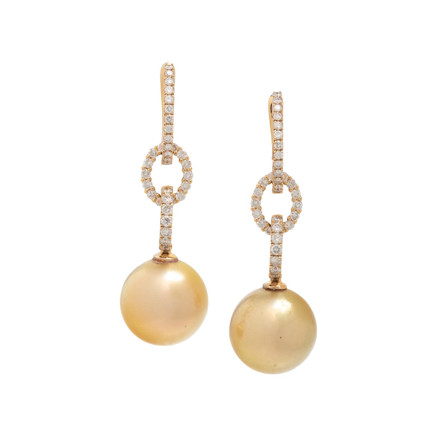GOLDEN SOUTH SEA CULTURED PEARL AND DIAMOND EARRINGS