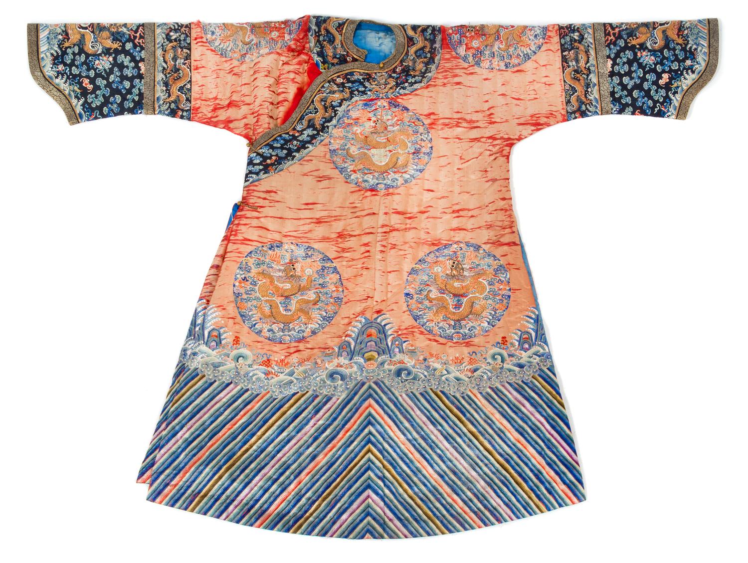 A Chinese Embroidered Silk Pink Ground Lady's Winter Robe Length (collar to hem) 56 inches. — 18TH/19TH CENTURY
