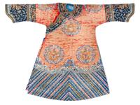 A Chinese Embroidered Silk Pink Ground Lady's Winter Robe Length (collar to hem) 56 inches. — 18TH/19TH CENTURY