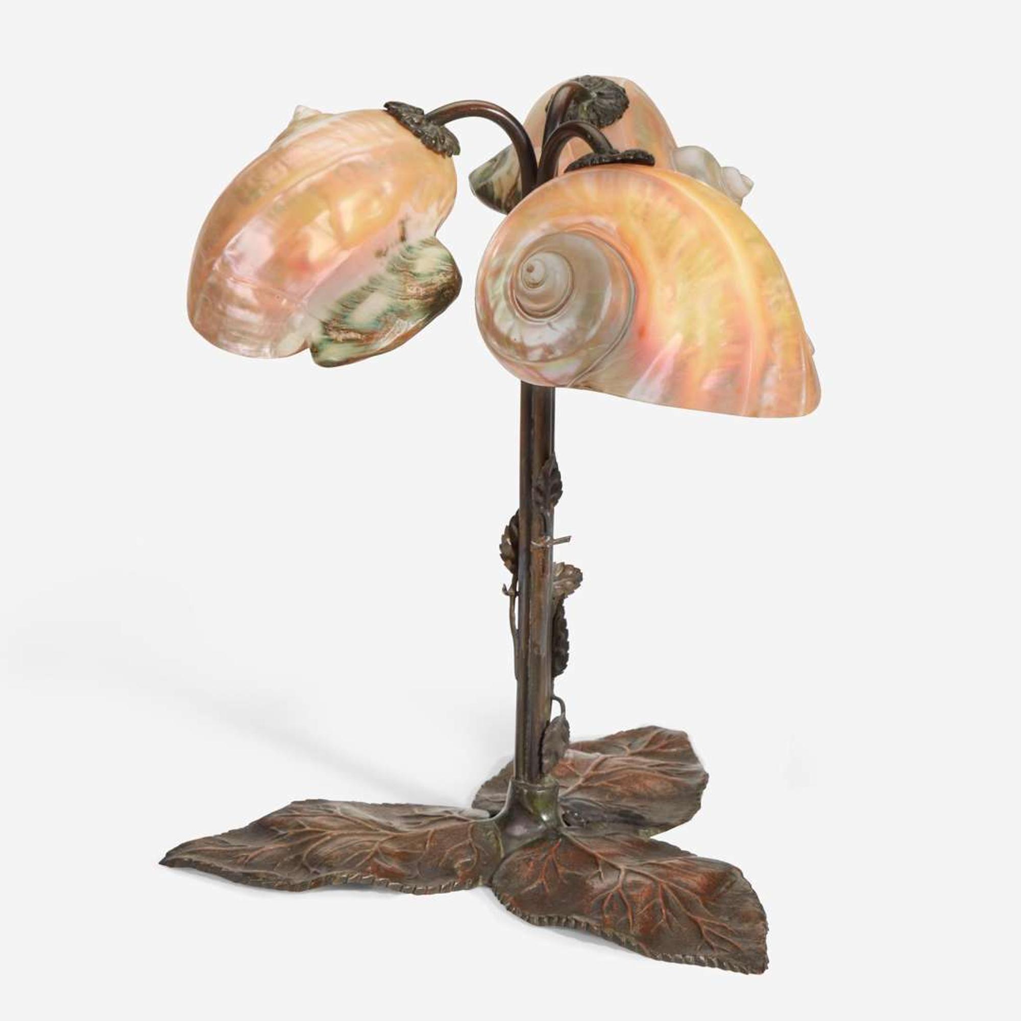 European School A Three-Light Nautilus Shell Table Lamp, circa 1900