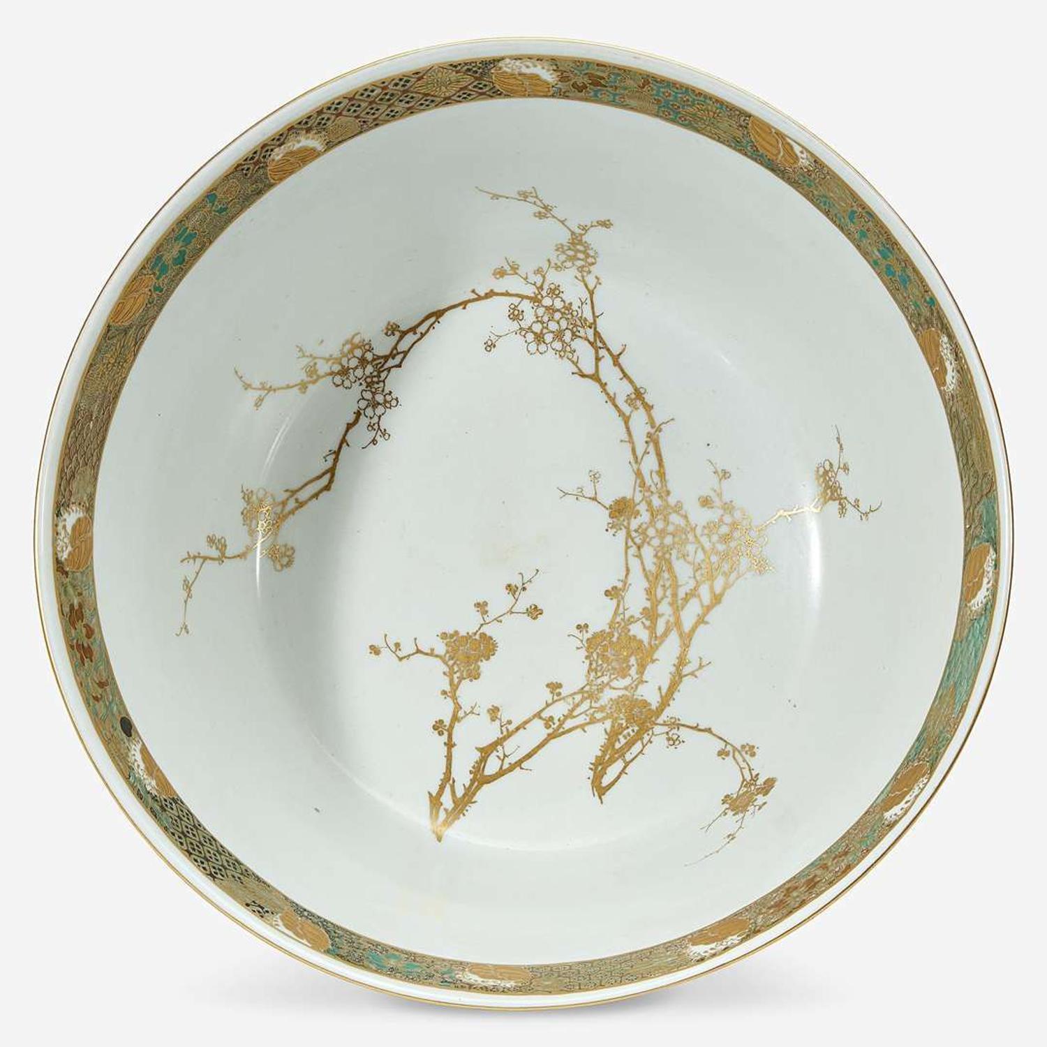 A large Japanese enameled porcelain "Cranes and Waves" bowl, Kanzan Denshichi (1821-Circa 1890) Meiji period, late 19th Century