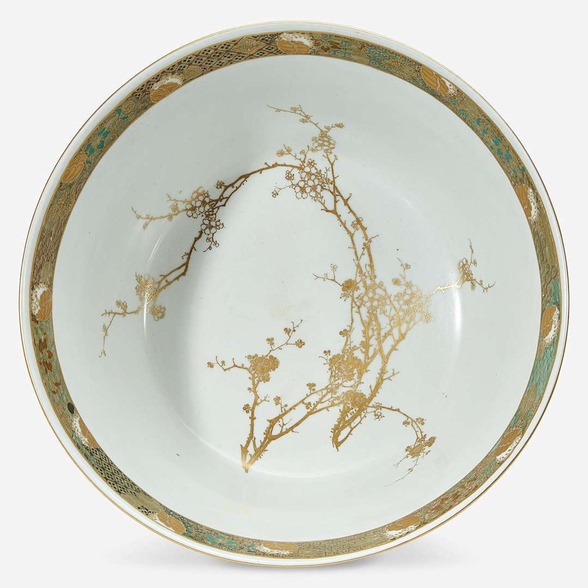 A large Japanese enameled porcelain "Cranes and Waves" bowl, Kanzan Denshichi (1821-Circa 1890) Meiji period, late 19th Century