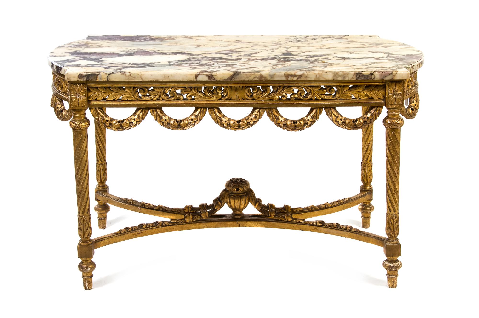 A Louis XVI Style Giltwood Center Table, Height 29 3/4 x width 51 1/2 x depth 27 3/4 inches.