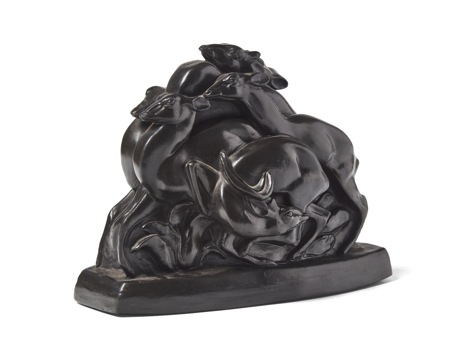 A Wedgwood Black Basalt "Running Deer" Figural Group