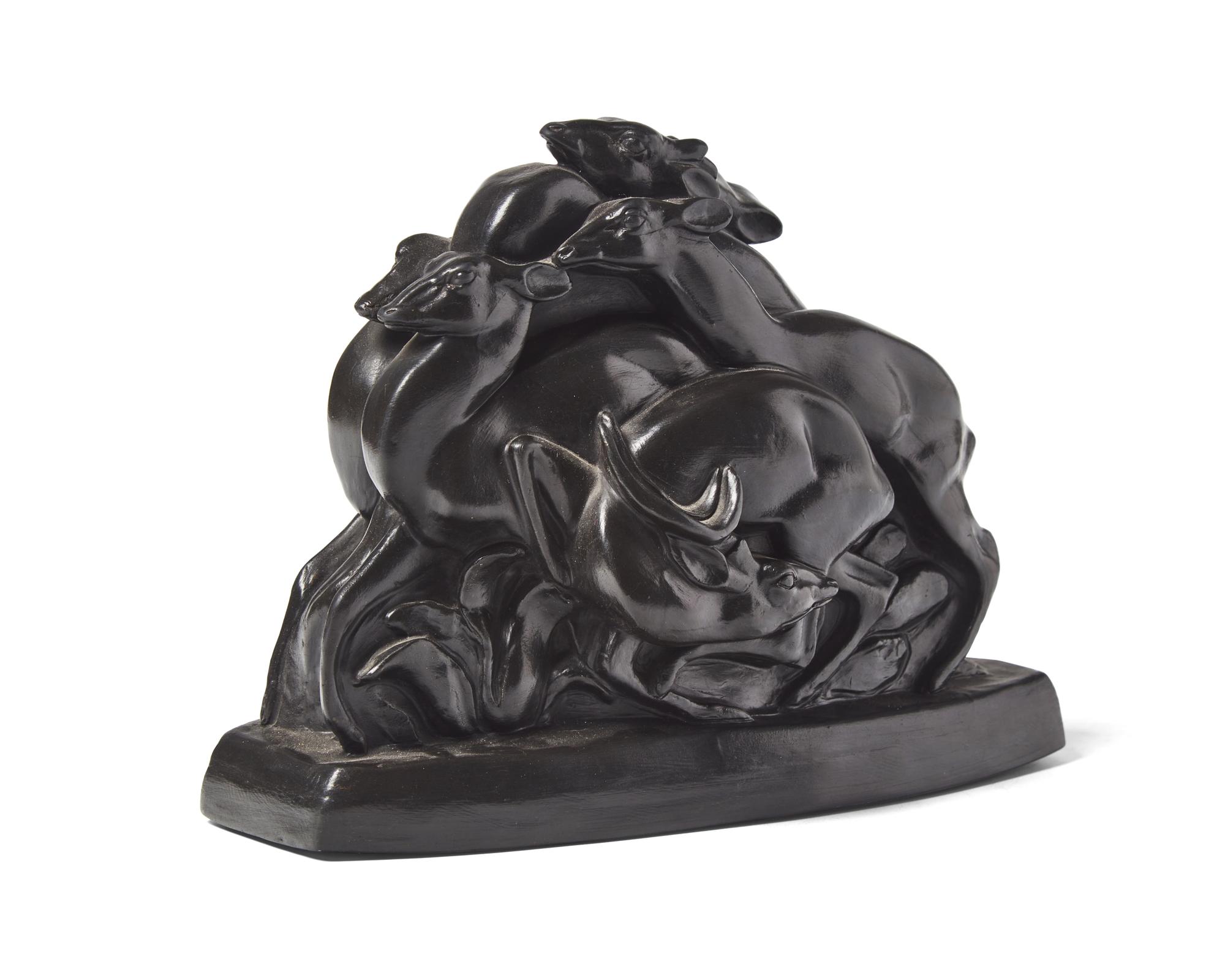 A Wedgwood Black Basalt "Running Deer" Figural Group