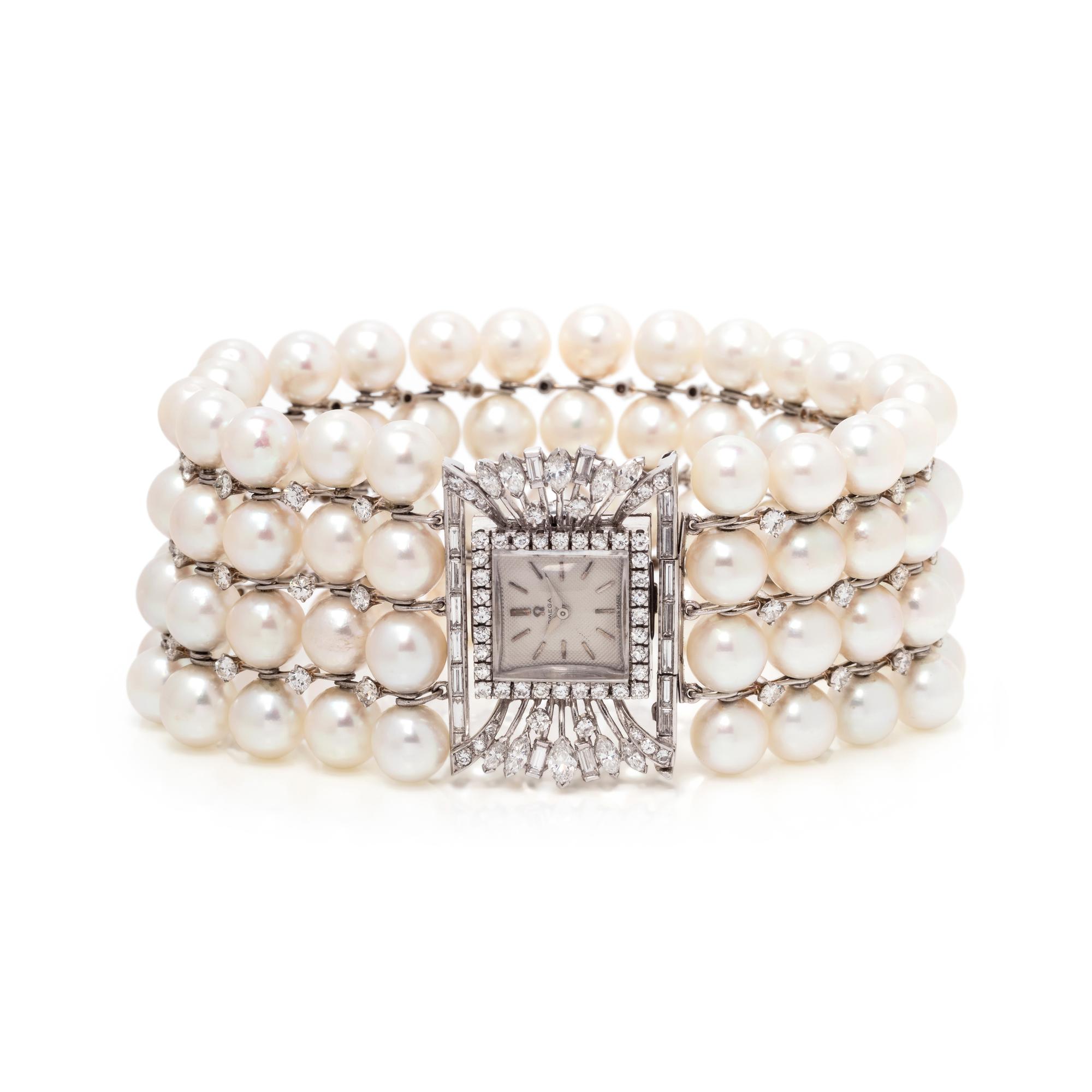 OMEGA, 18K WHITE GOLD, DIAMOND AND CULTURED PEARL WRISTWATCH