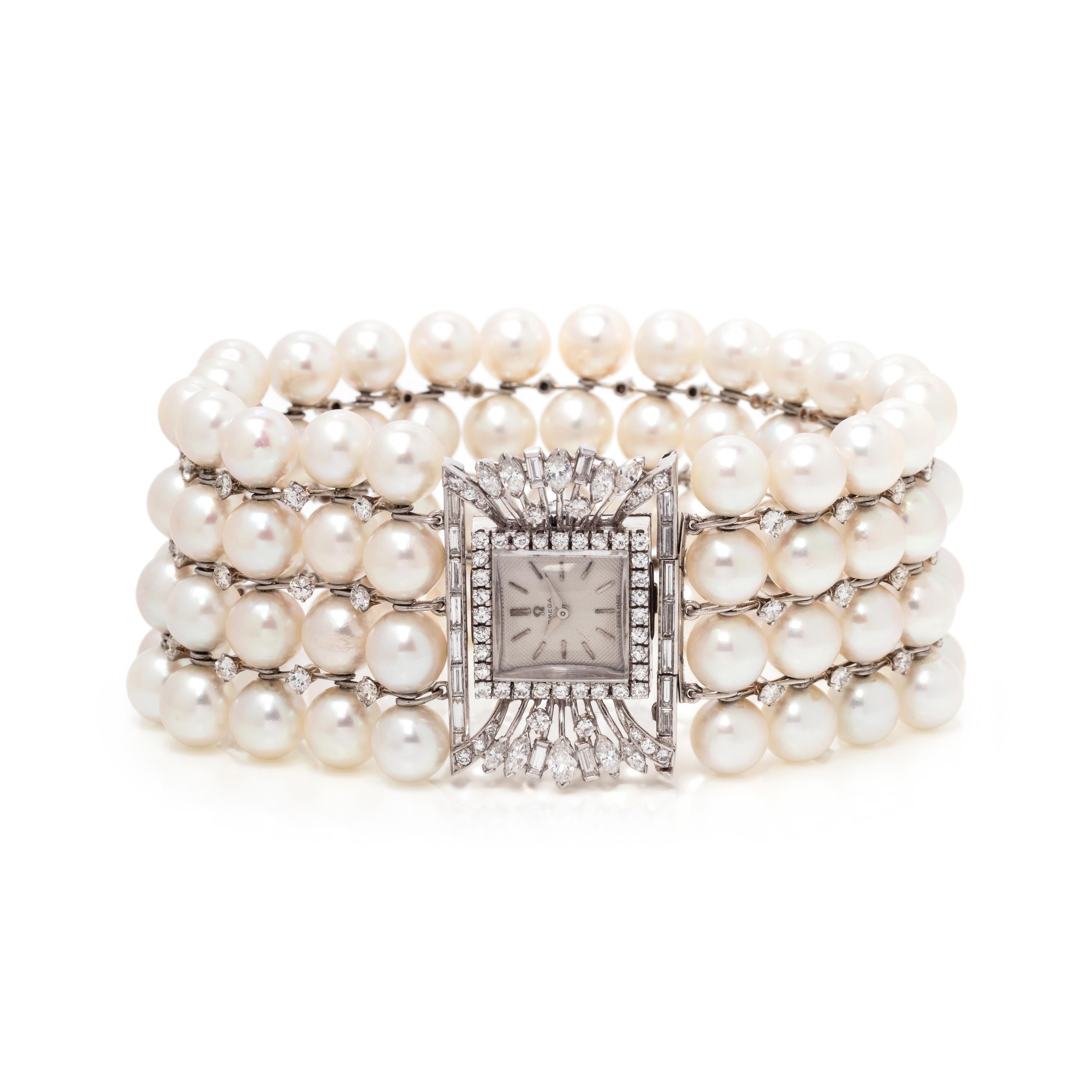 OMEGA, 18K WHITE GOLD, DIAMOND AND CULTURED PEARL WRISTWATCH