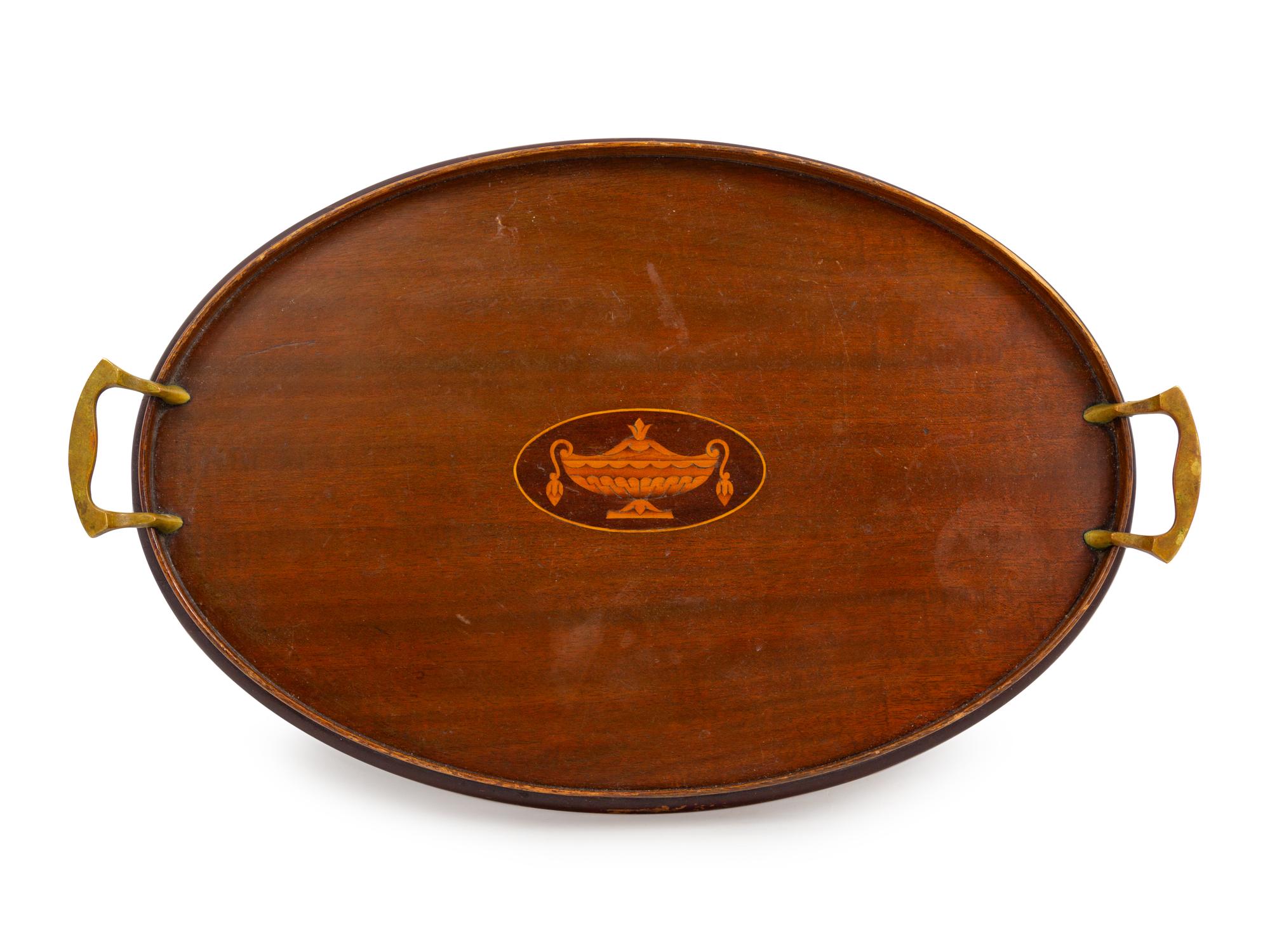 An Edwardian Brass Mounted and Inlaid Mahogany Tray