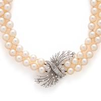 CULTURED PEARL AND DIAMOND DOUBLE STRAND NECKLACE