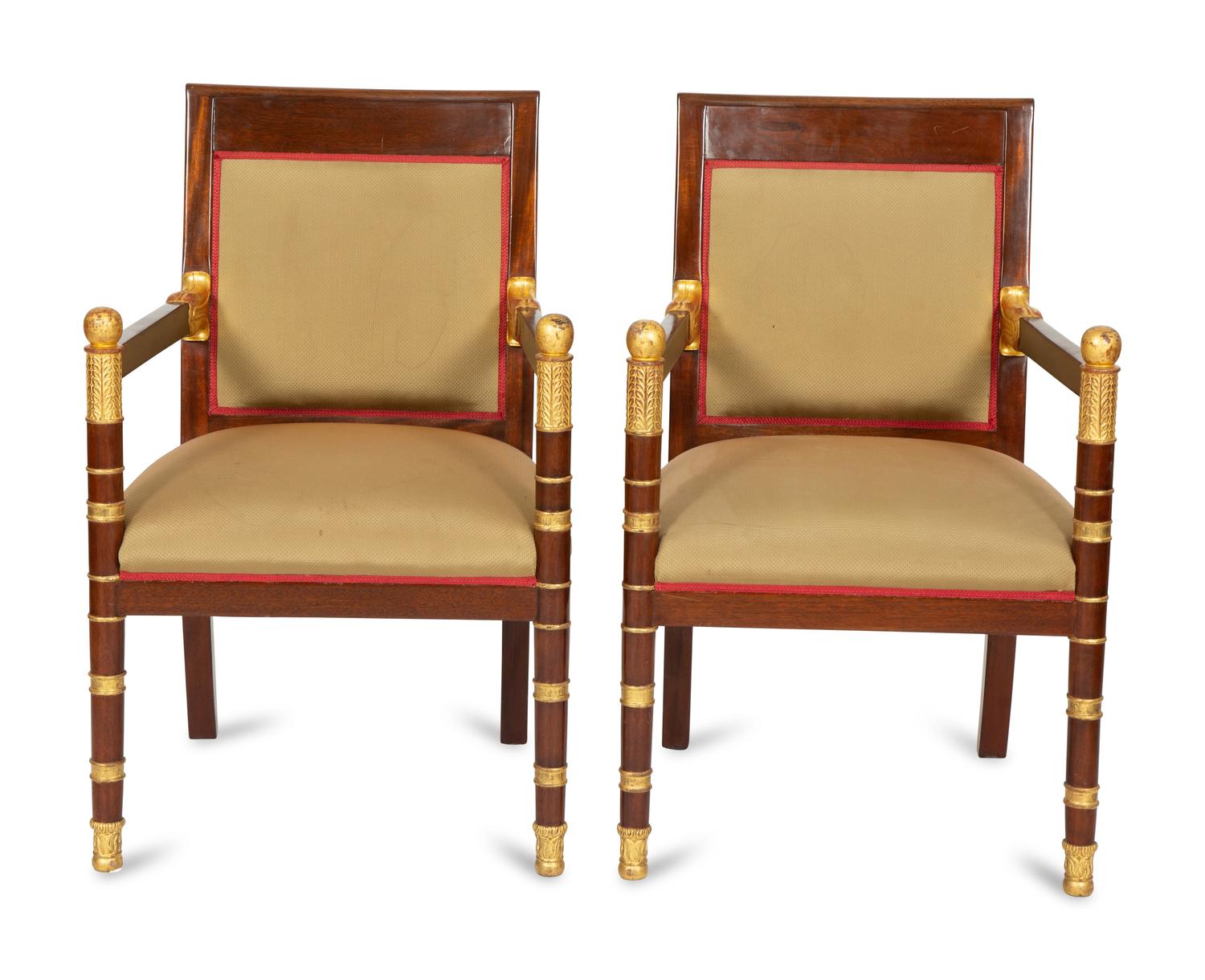 Pair of Empire Style Mahogany and Parcel Gilt Fauteuils