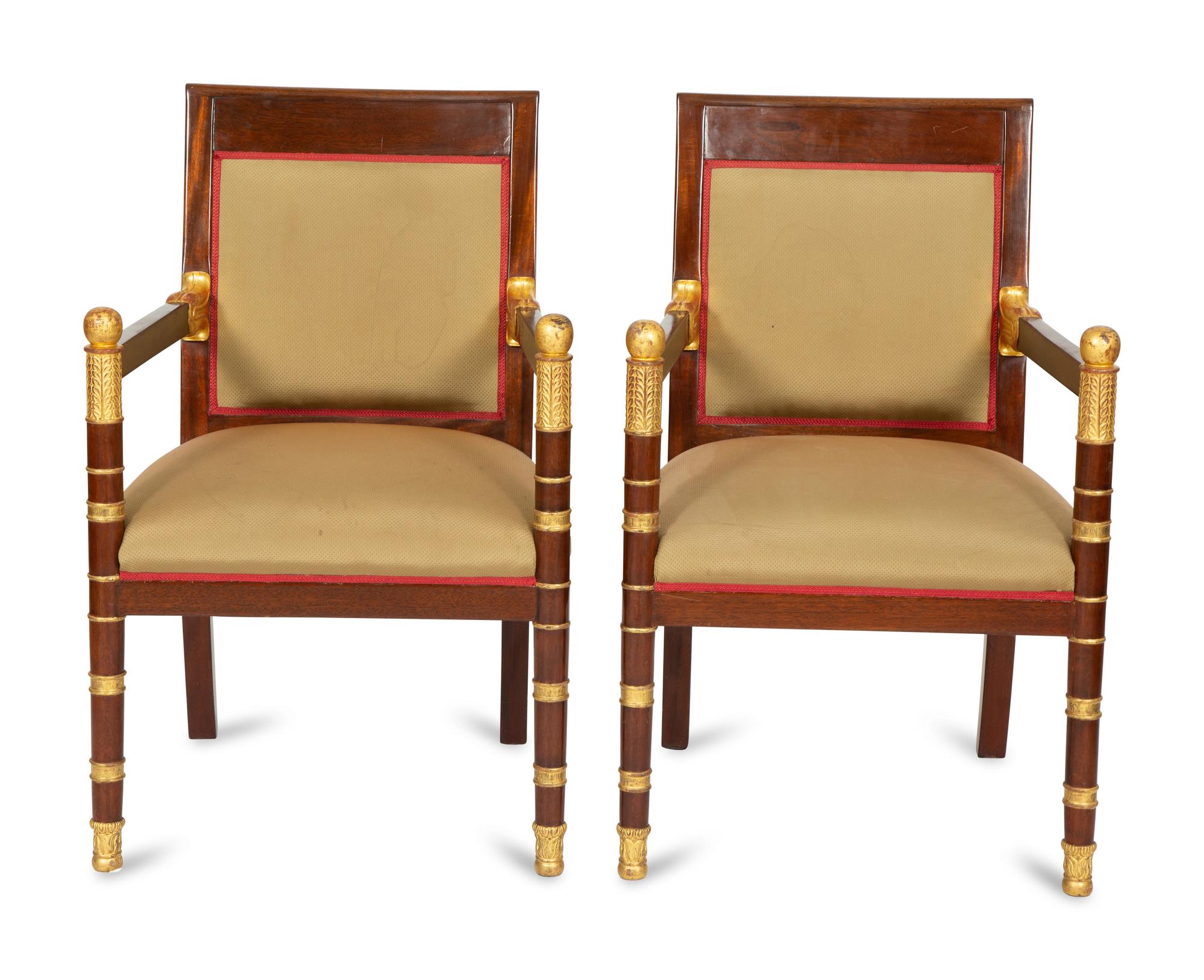 Pair of Empire Style Mahogany and Parcel Gilt Fauteuils